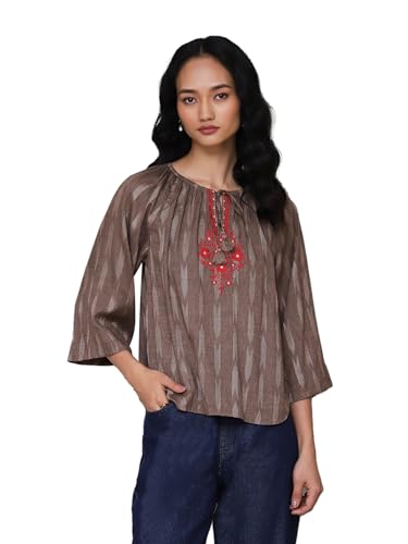 Aarke Ritu Kumar Brown Embroidered Ikat Top - SaumyasStore