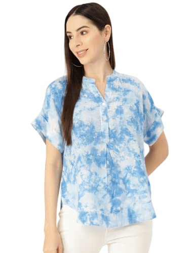 Maaesa Hand Done Multicolor Tie Dyed Rayon Slub Top (Light Blue) - SaumyasStore