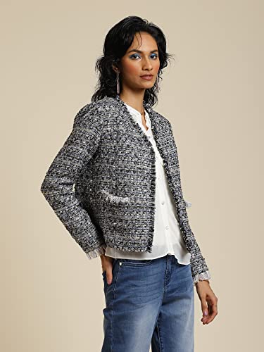 Label RITU KUMAR Women's Textured Regular Jacket JKTDPW01N30097486-BLACK-S - SaumyasStore