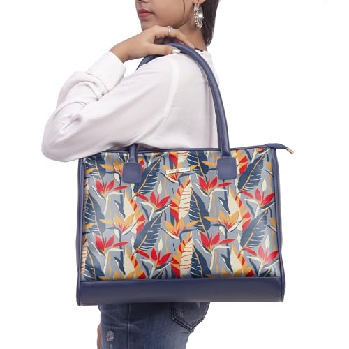SACCI MUCCI Women's Tote Bag | Tote Bags For Women with Padded Laptop Compartment | Big Shoulder Bag for Office- Exotic Jungle (Navy Blue) - SaumyasStore