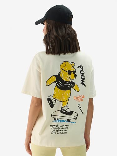 The Souled Store Disney: Winnie The Pooh Displacement Women and Girls Short Sleeve Round Neck Off White Graphic Print Oversized Fit T-Shirts - SaumyasStore