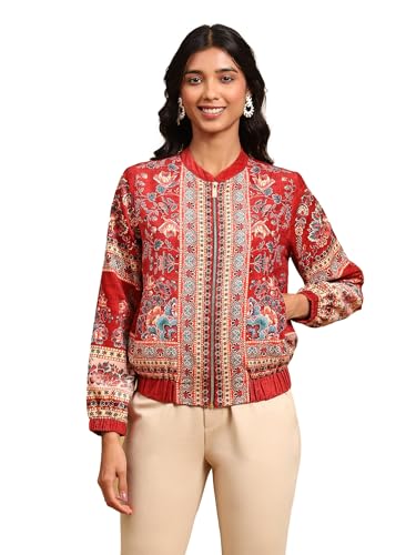 Label RITU KUMAR Red Floral Velvet Jacket - SaumyasStore