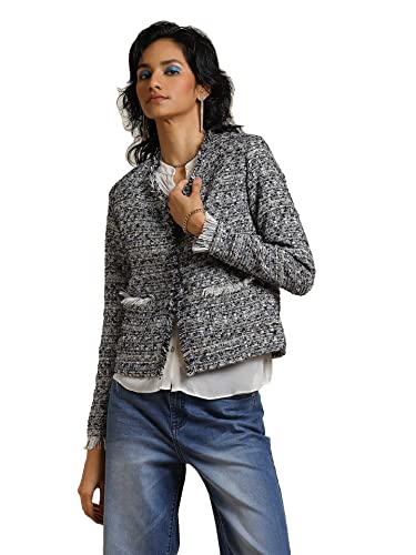 Label RITU KUMAR Women's Textured Regular Jacket JKTDPW01N30097486-BLACK-S - SaumyasStore