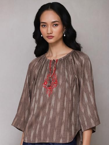 Aarke Ritu Kumar Brown Embroidered Ikat Top - SaumyasStore