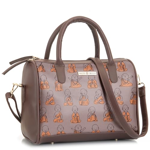 SACCI MUCCI Women's Handbag | Women's Tote Bag | Women's Top-Handle Bags | Women's Satchels | Women's Hobos & Shoulder Bags- Cute Monk Design Print (Brown) - SaumyasStore