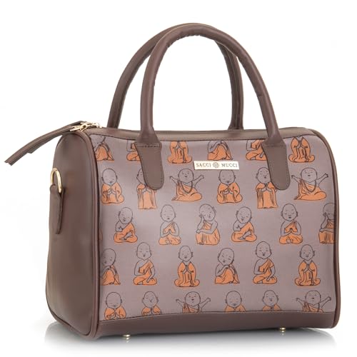 SACCI MUCCI Women's Handbag | Women's Tote Bag | Women's Top-Handle Bags | Women's Satchels | Women's Hobos & Shoulder Bags- Cute Monk Design Print (Brown) - SaumyasStore