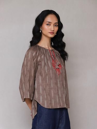 Aarke Ritu Kumar Brown Embroidered Ikat Top - SaumyasStore