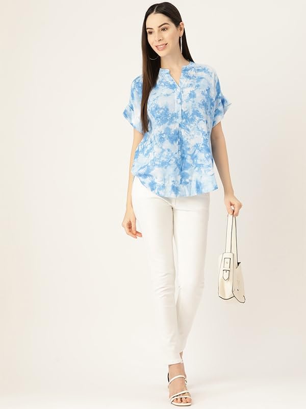 Maaesa Hand Done Multicolor Tie Dyed Rayon Slub Top (Light Blue) - SaumyasStore