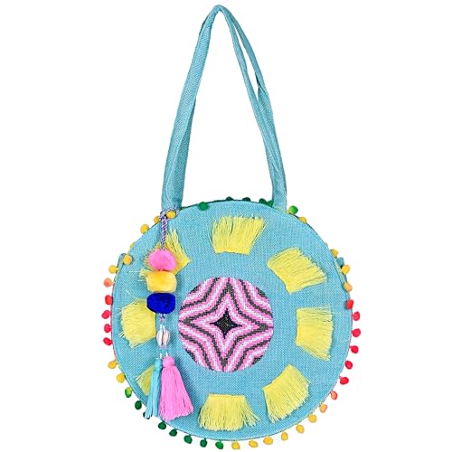 Boho Girl Multicolor Cotton Chateau Rose Beaded Round Tote | Boho Beach Handbags For Women and Girls - SaumyasStore