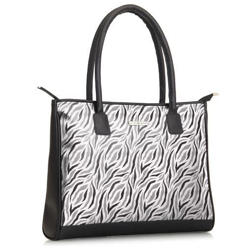 SACCI MUCCI Women's Tote Bag | Large Capacity Tote Bags For Women with Padded Laptop Compartment | Big Shoulder Bag for Office- Wave Botanical (Black) - SaumyasStore