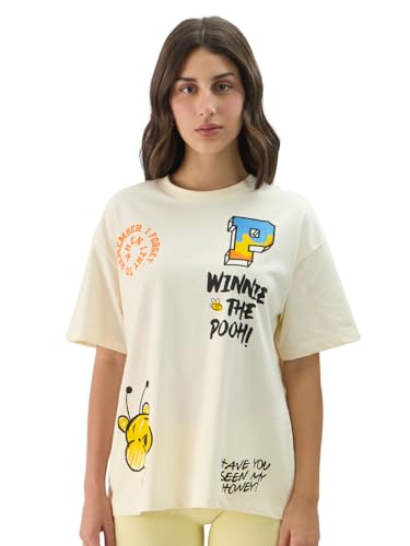 The Souled Store Disney: Winnie The Pooh Displacement Women and Girls Short Sleeve Round Neck Off White Graphic Print Oversized Fit T-Shirts - SaumyasStore