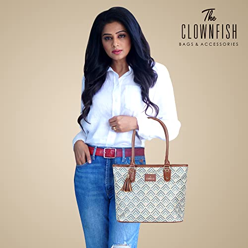 THE CLOWNFISH Percy Printed Handicraft Fabric Handbag for Women Office Bag Ladies Shoulder Bag Tote For Women College Girls (White with Grey stripes) - SaumyasStore