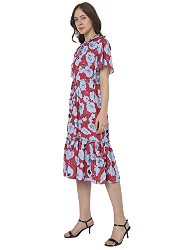 Vero Moda Women's Polyester Fit and Flare Midi Dress (Crimson) - SaumyasStore