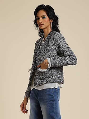 Label RITU KUMAR Women's Textured Regular Jacket JKTDPW01N30097486-BLACK-S - SaumyasStore