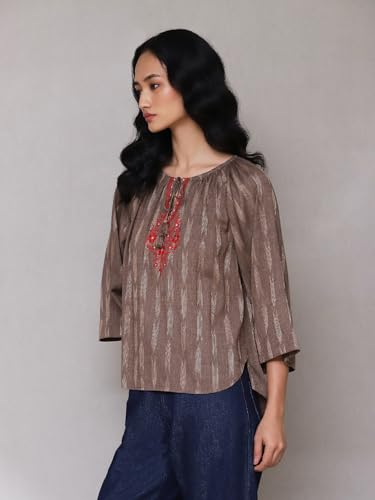 Aarke Ritu Kumar Brown Embroidered Ikat Top - SaumyasStore