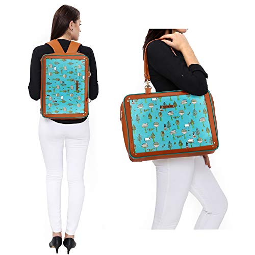 Funk For Hire Leatherette Printed 2 In 1 Backpack Shoulder Bag Handbag Fit Up To 15.6" Laptop - Aqua Blue And Brown - SaumyasStore