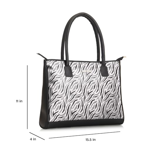 SACCI MUCCI Women's Tote Bag | Large Capacity Tote Bags For Women with Padded Laptop Compartment | Big Shoulder Bag for Office- Wave Botanical (Black) - SaumyasStore