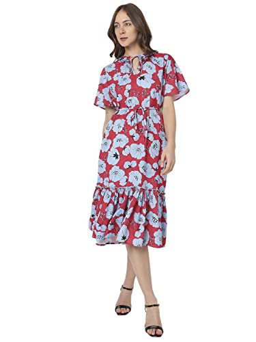 Vero Moda Women's Polyester Fit and Flare Midi Dress (Crimson) - SaumyasStore
