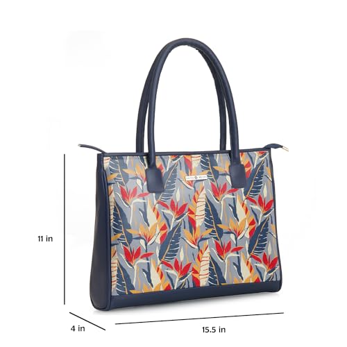 SACCI MUCCI Women's Tote Bag | Tote Bags For Women with Padded Laptop Compartment | Big Shoulder Bag for Office- Exotic Jungle (Navy Blue) - SaumyasStore
