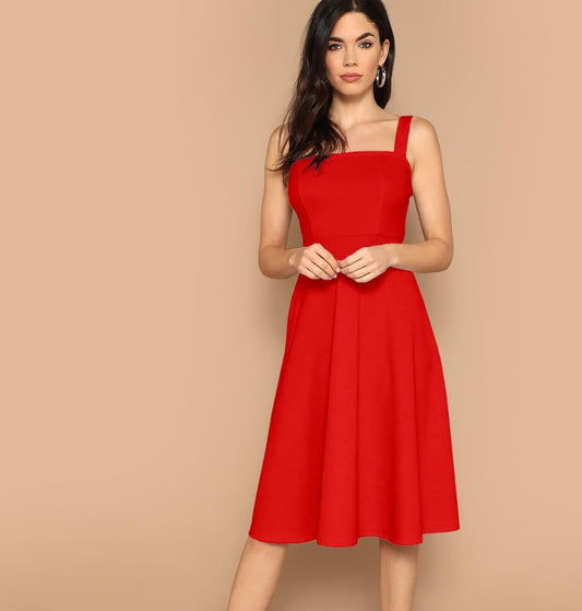 AAHWAN Women's Red Solid Shoulder Strap Flared Short Dress - SaumyasStore
