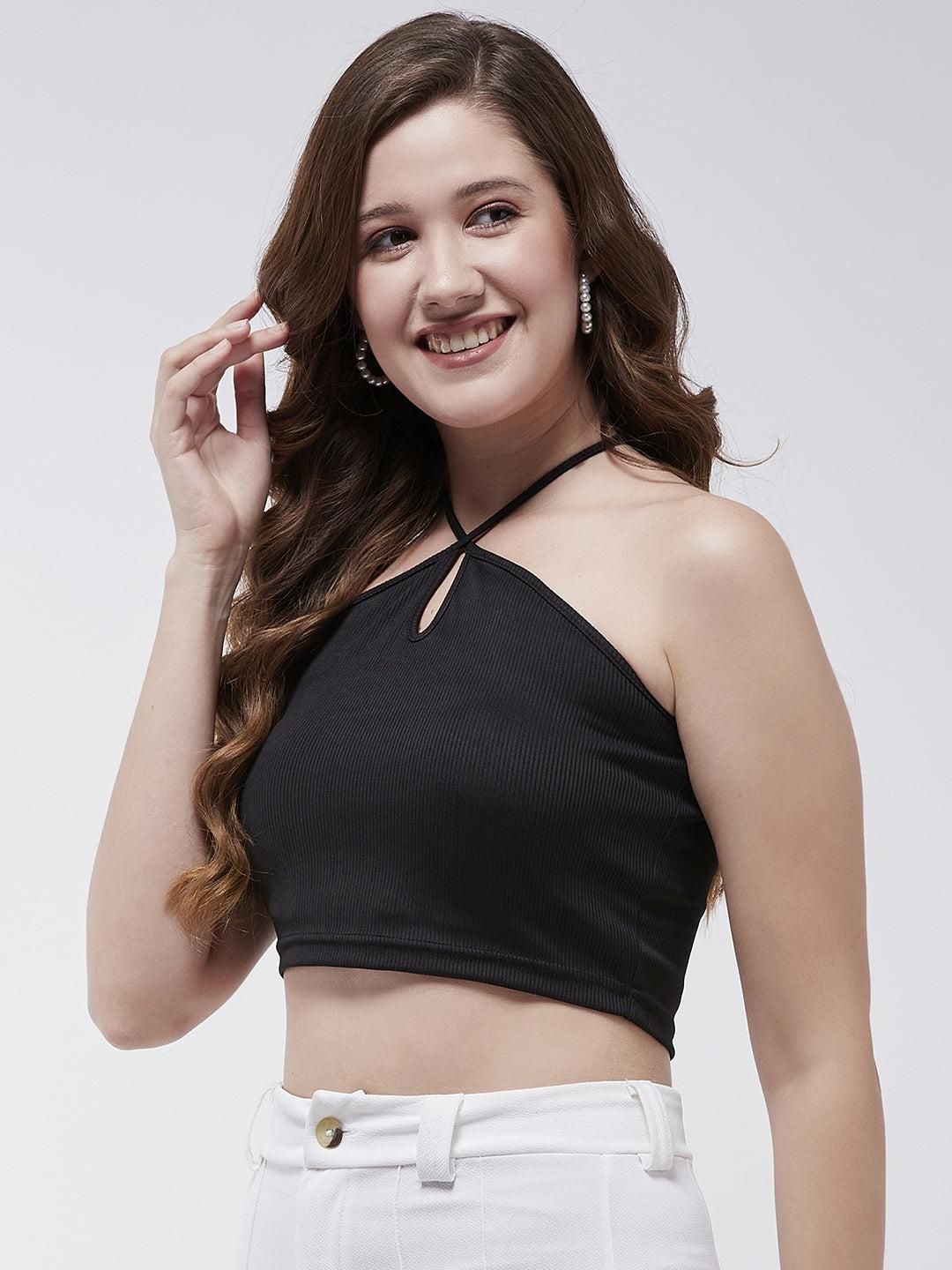 Solid Halter Neck Rib Crop Top For Women's - SaumyasStore