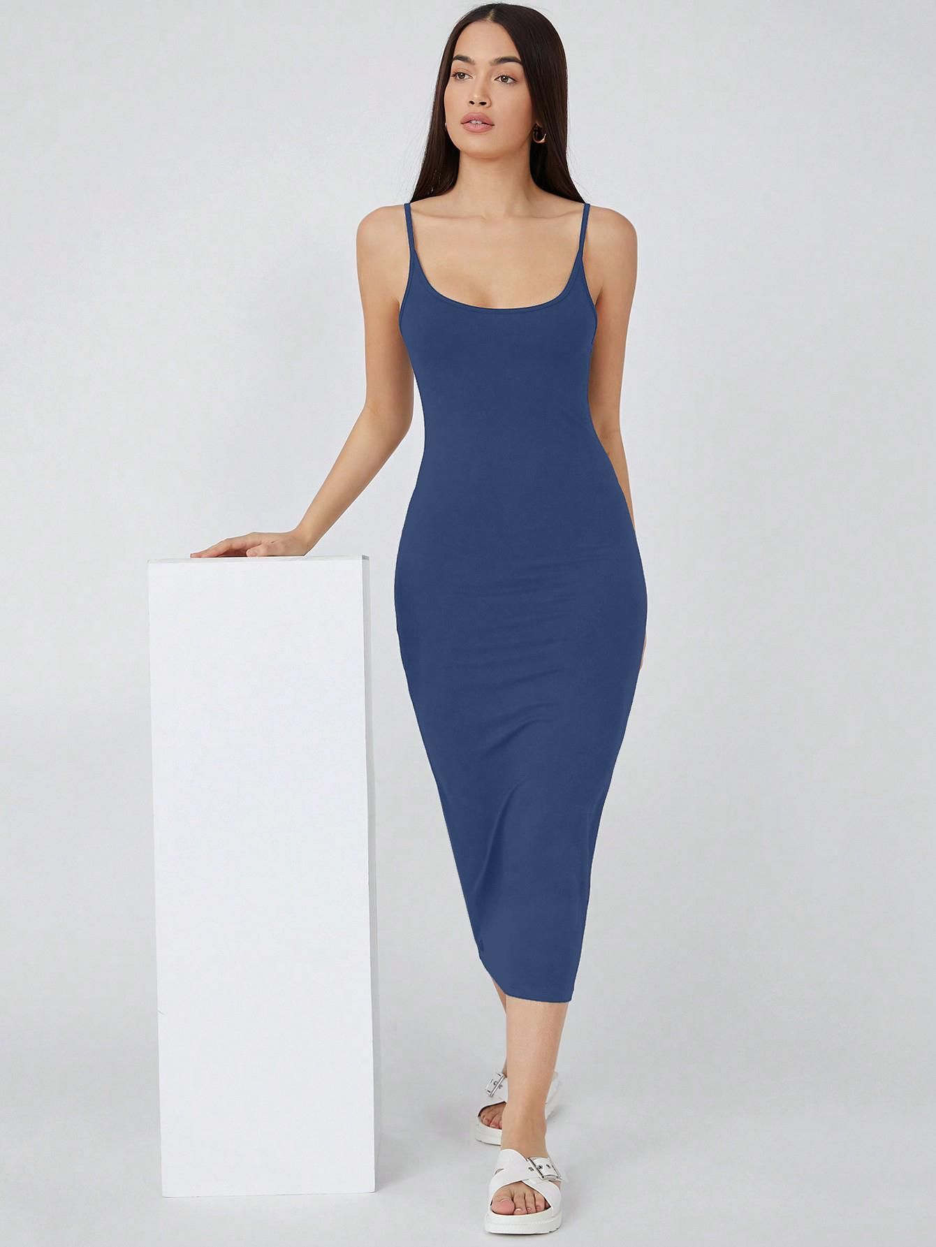 AAHWAN Women's Blue Solid Bodycon Midi Dress - SaumyasStore