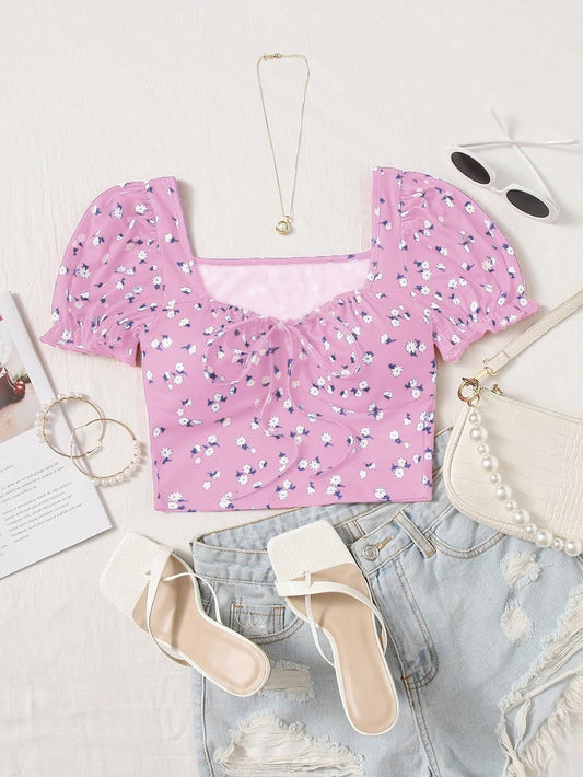 AAHWAN Puff Sleeves Floral Print Crop Top For Women's - SaumyasStore