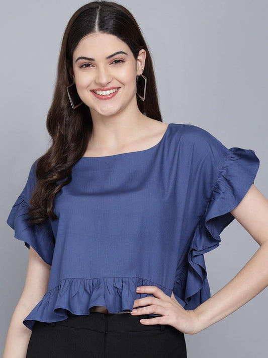 FLAMBOYANT Casual Flared Sleeves Self Design Women Blue Top - SaumyasStore