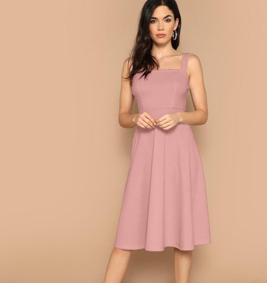 AAHWAN Women's Pink Solid Shoulder Strap Flared Short Dress - SaumyasStore