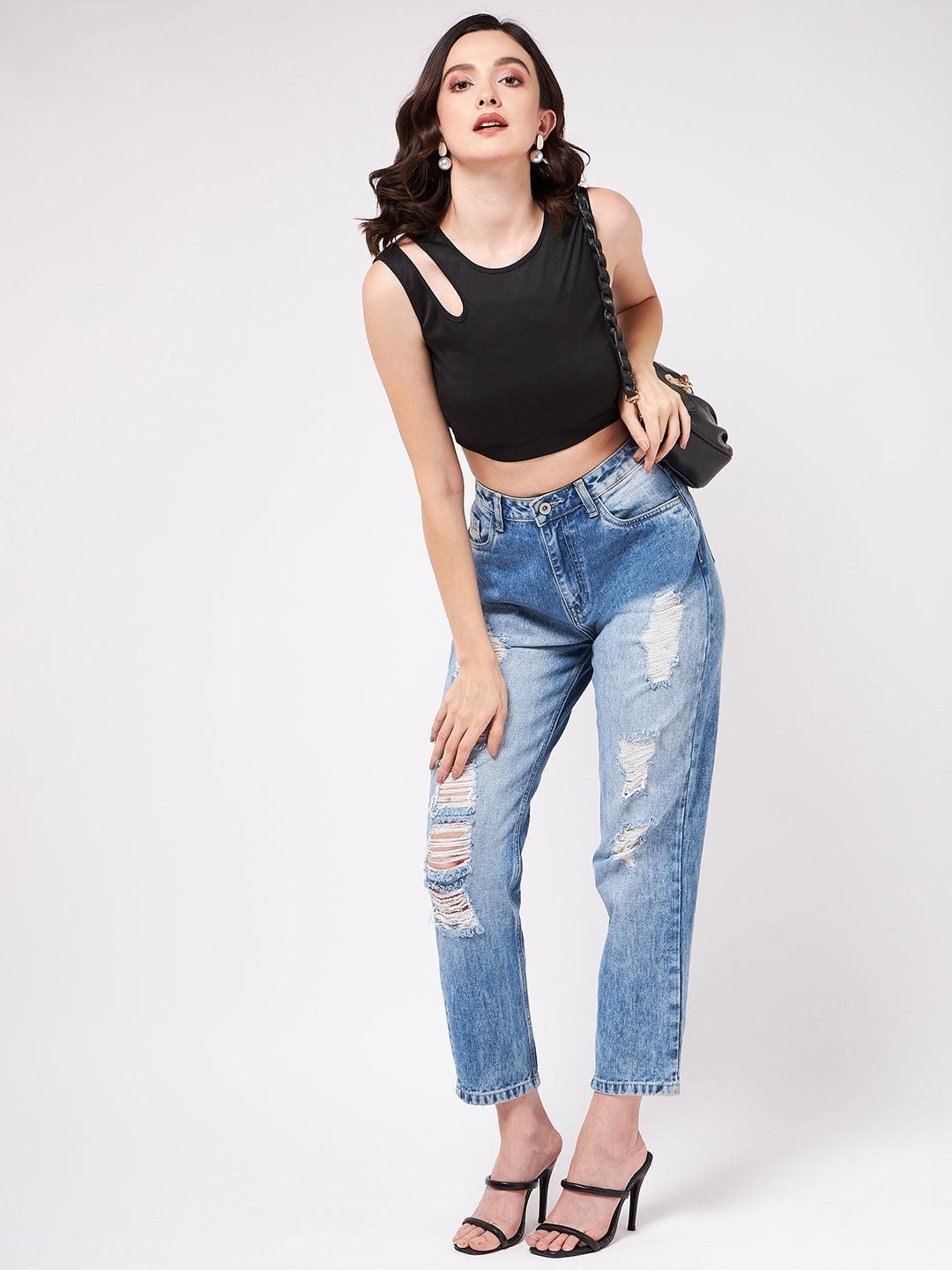 Solid Shoulder Cut-Out Rib Crop Top For Women's - SaumyasStore
