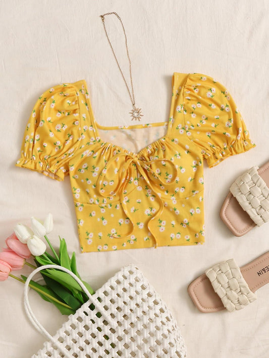 AAHWAN Puff Sleeves Floral Print Crop Top For Women's - SaumyasStore