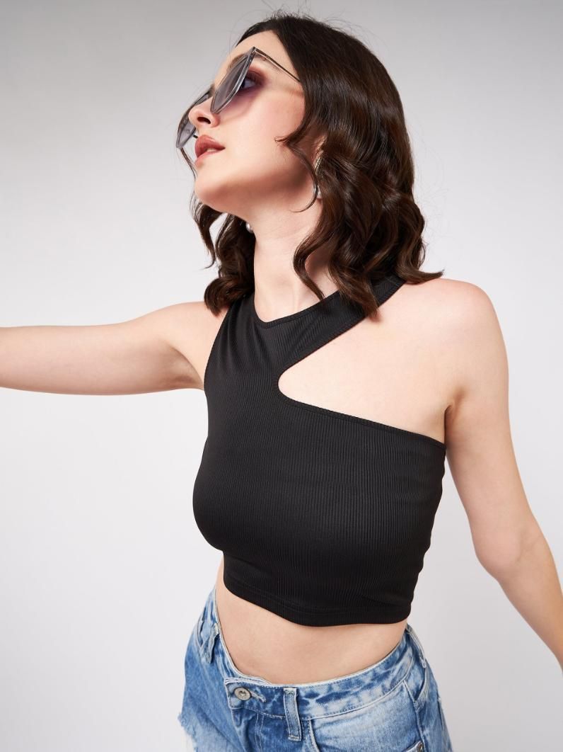 Solid Asymmetric Cut-Out Rib Crop Top For Women's - SaumyasStore