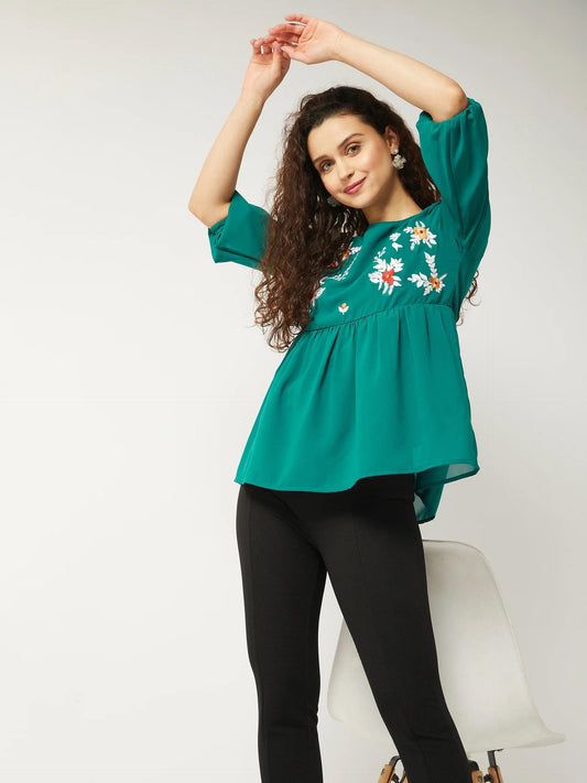 Pannkh Floral Embroidered Sheer Top - SaumyasStore