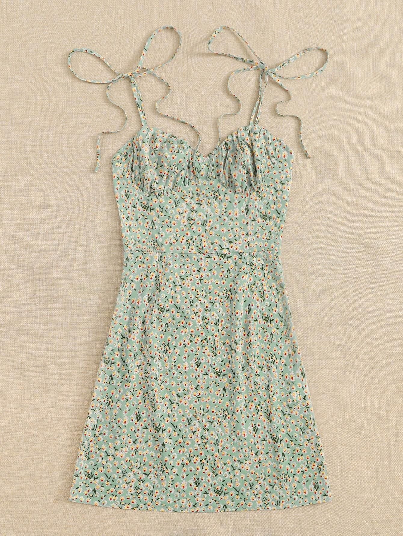 AAHWAN Women's Green Ditsy Floral Print Flared Mini Short Dress - SaumyasStore