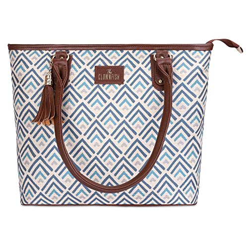THE CLOWNFISH Percy Printed Handicraft Fabric Handbag for Women Office Bag Ladies Shoulder Bag Tote For Women College Girls (White with Grey stripes) - SaumyasStore