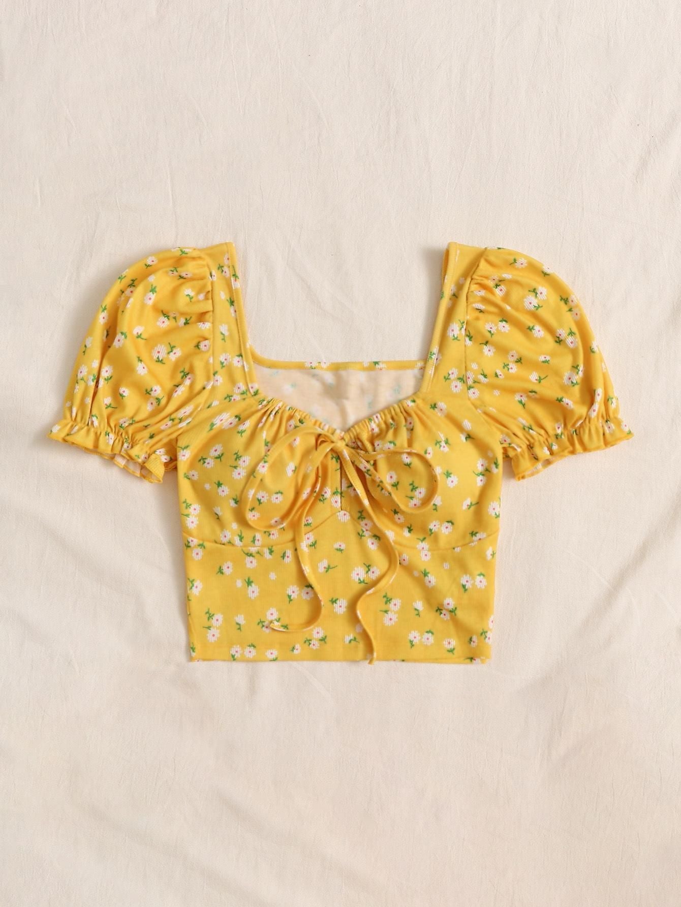 AAHWAN Puff Sleeves Floral Print Crop Top For Women's - SaumyasStore