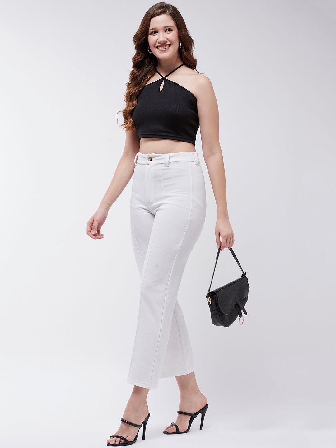 Solid Halter Neck Rib Crop Top For Women's - SaumyasStore
