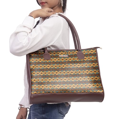SACCI MUCCI Women's Tote Bag | Large Capacity Tote Bags For Women with Padded Laptop Compartment | Big Shoulder Bag for Office-EthnicTraditional Print (Brown) - SaumyasStore