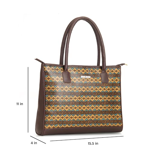 SACCI MUCCI Women's Tote Bag | Large Capacity Tote Bags For Women with Padded Laptop Compartment | Big Shoulder Bag for Office-EthnicTraditional Print (Brown) - SaumyasStore