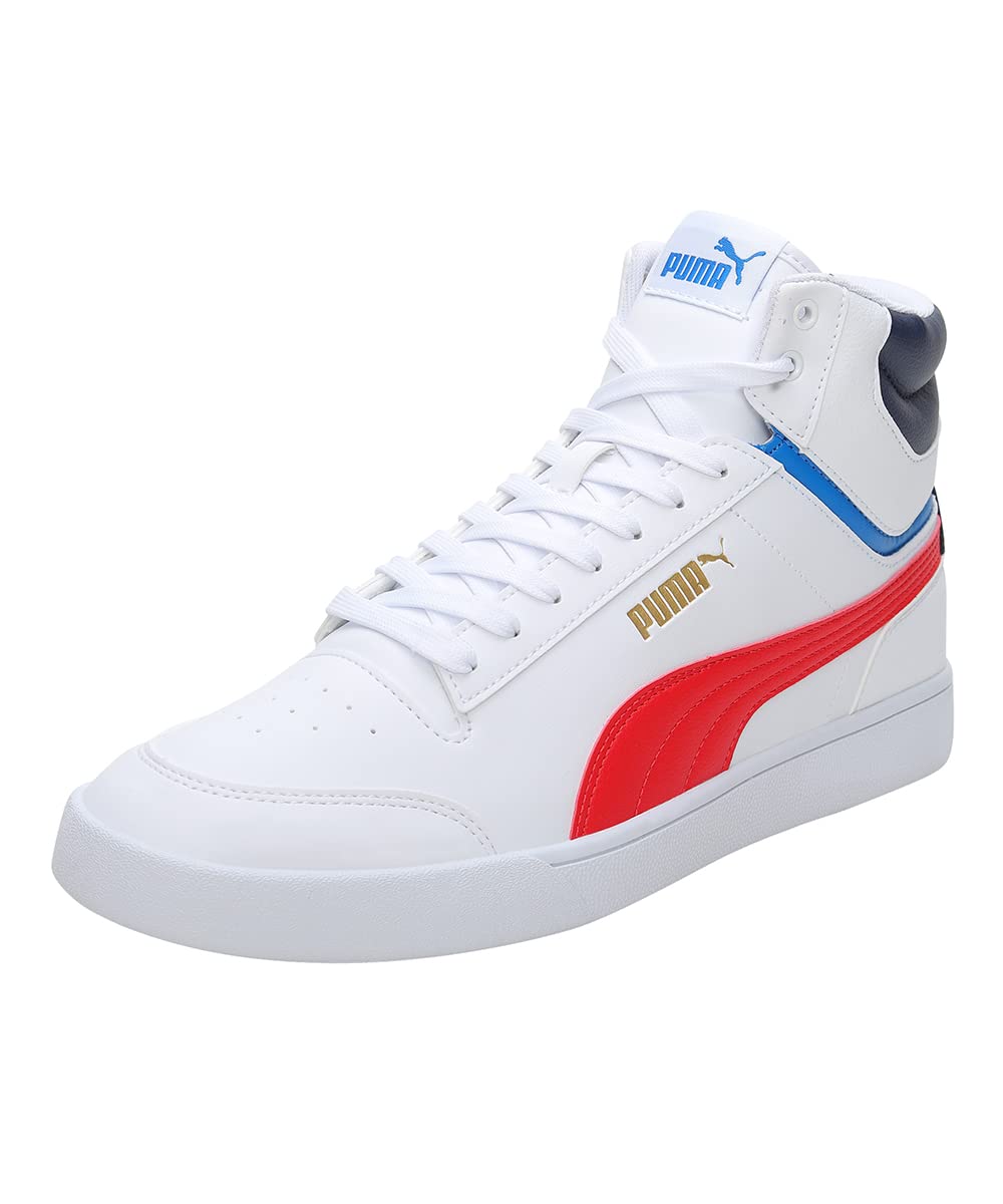 Puma Unisex Shuffle Mid Sneaker, Puma White-High Risk Red-Peacoat-Puma Team Gold) - SaumyasStore