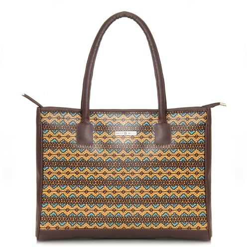 SACCI MUCCI Women's Tote Bag | Large Capacity Tote Bags For Women with Padded Laptop Compartment | Big Shoulder Bag for Office-EthnicTraditional Print (Brown) - SaumyasStore