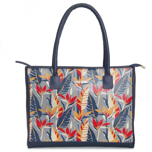 SACCI MUCCI Women's Tote Bag | Tote Bags For Women with Padded Laptop Compartment | Big Shoulder Bag for Office- Exotic Jungle (Navy Blue) - SaumyasStore