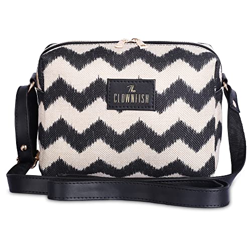 THE CLOWNFISH Alfreda Series Sling for Women Printed Handicraft Fabric & Faux Leather Casual Ladies Single Shoulder Bag For Women Crossbody Bag for College Girls (Black-Wave Design) - SaumyasStore
