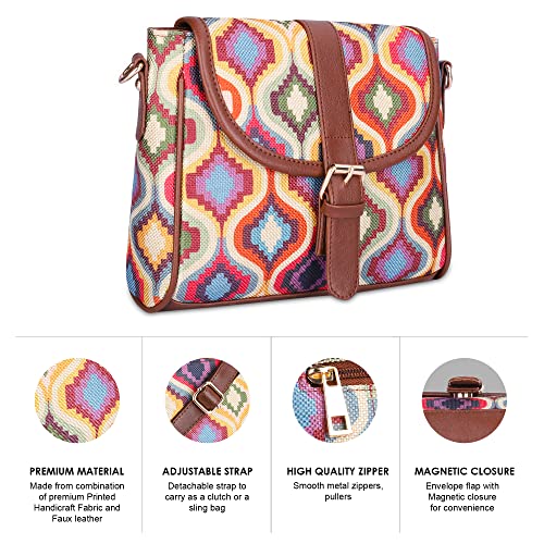THE CLOWNFISH Madeline Printed Handicraft Fabric Handbag for Women Sling Bag Office Bag Ladies Shoulder Bag with Snap Flap Closure & Shoulder Belt Tote For Women College Girls (Multicolour Design) - SaumyasStore