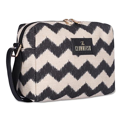 THE CLOWNFISH Alfreda Series Sling for Women Printed Handicraft Fabric & Faux Leather Casual Ladies Single Shoulder Bag For Women Crossbody Bag for College Girls (Black-Wave Design) - SaumyasStore