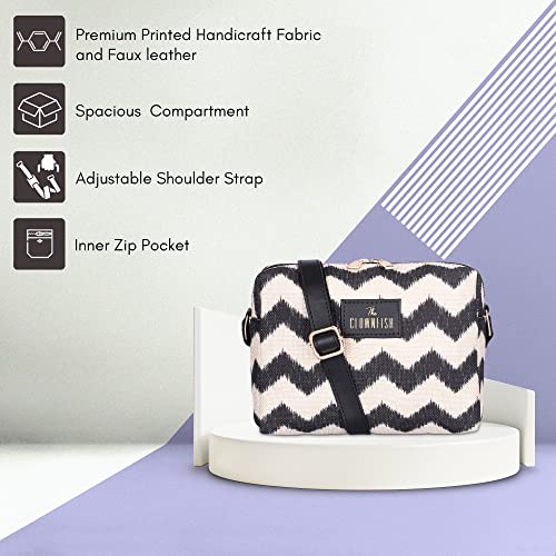 THE CLOWNFISH Alfreda Series Sling for Women Printed Handicraft Fabric & Faux Leather Casual Ladies Single Shoulder Bag For Women Crossbody Bag for College Girls (Black-Wave Design) - SaumyasStore