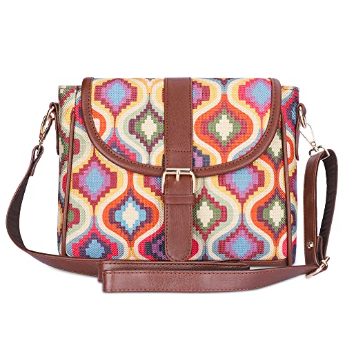 THE CLOWNFISH Madeline Printed Handicraft Fabric Handbag for Women Sling Bag Office Bag Ladies Shoulder Bag with Snap Flap Closure & Shoulder Belt Tote For Women College Girls (Multicolour Design) - SaumyasStore