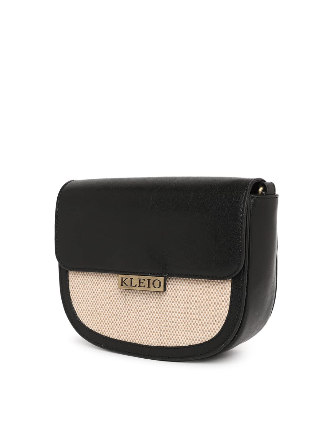 KLEIO Jute Canvas PU Leather Crossbody Side Sling Bag For Women Girls (HO8038KL-BL)(BLACK) - SaumyasStore