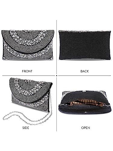 Peora Black Silver Clutch Purses for Women Handmade Evening Handbag Stylish Bridal Fashion Clutch Bag for Girls - SaumyasStore