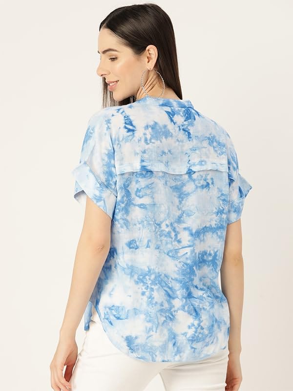 Maaesa Hand Done Multicolor Tie Dyed Rayon Slub Top (Light Blue) - SaumyasStore